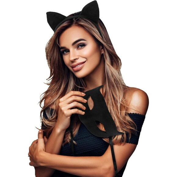 Cat Ears Headband & Masquerade Mask Set Plush Leopard Print Costume Accessory main image 4